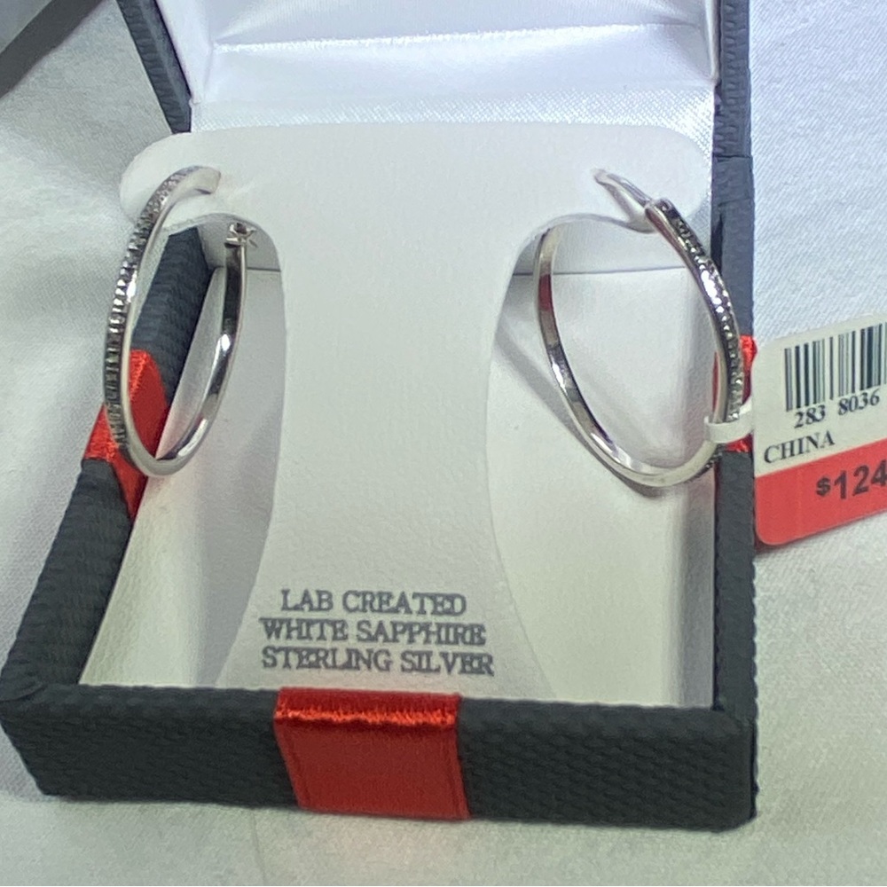 White lab created sapphire sterling silver hoop earrings 20mm NWT